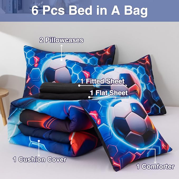 A Nice Night Twin Size Bed in A Bag 6 Pieces Football Comforter Set for Boys Girls Kids Geometric Lightweight Microfiber Bedding Sets,RedBlue