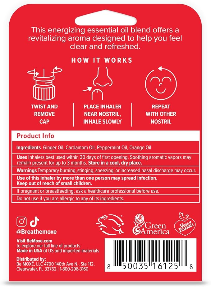 MOXE Nausea Nasal Inhaler Sticks, All Natural Essential Oil Blend, Ginger, Cardamom, Peppermint, Sweet Orange, Upset Stomach, Headaches, Easy-to-Use Portable Aromatherapy, Made in USA, 3 Pack
