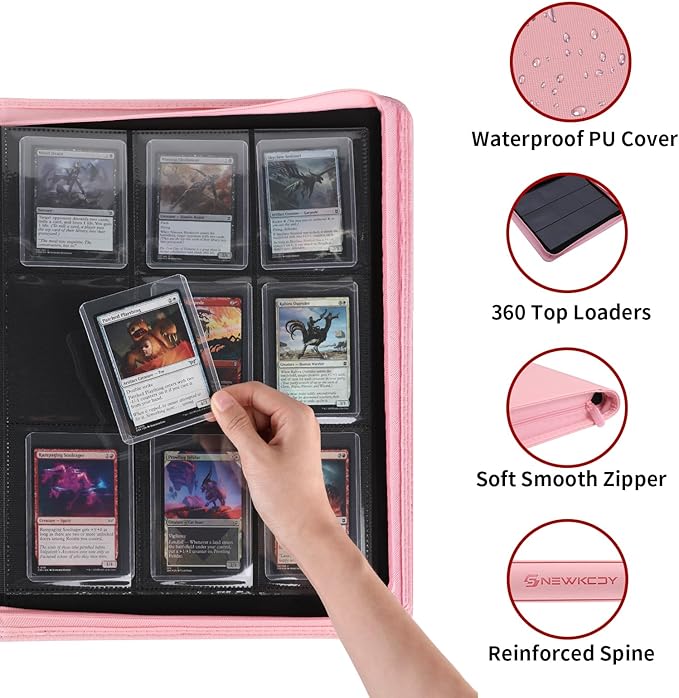 Snekdy Top loader Binder, 9 Pockets Top Loader，Holds 360 Top Loaders cards, Card binder with Sleeves for card in 3 x 4 inches color smooth Zipper PU Leather (Pink)