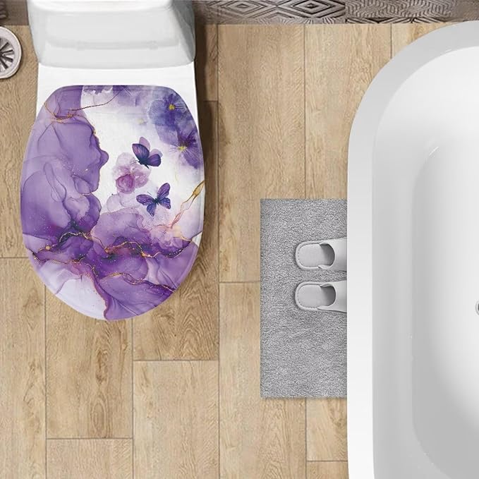 Purple Marble Toilet Seat Lid Covers for Bathroom Butterfly Toilet Bowl Cover Lid with Elastic Universal Fit Elongated Oval Round Lid Bottom Soft Bathroom Replacement
