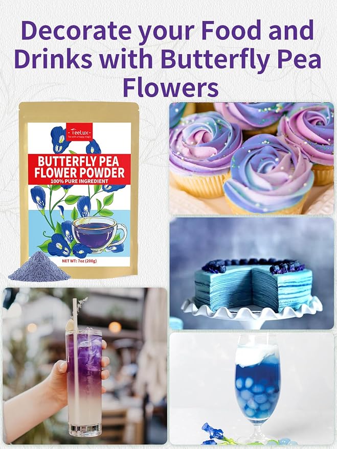 TeeLux Butterfly Pea Flower Powder, Natural Butterfly Pea Flower Tea for Blue & Purple Drinks and Food Coloring, Caffeine-Free, 7oz/200g