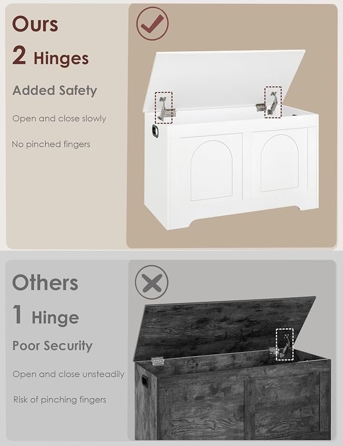 Storage Chest, Wooden Toy Box, White 31.5" L | Entryway Shoe Bench, 2 Soft-close Hinges, Finger-safe Flip-Top Lid, Easy Assembly, Farmhouse Large Trunk, Living Room/Bedroom