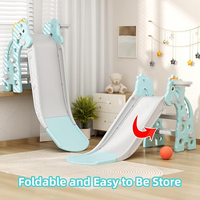 GLAF Toddler Slide Baby Kids Indoor Slide for Toddlers 1-3 Indoor Outdoor Playset with Basketball Hoop and Ball Kids Backyard Climber Set (Mint)