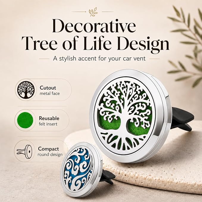 2 Pack Car Vent Essential Oil Diffuser Clips, Silver Tree of Life Air Freshener Vent Clips with 30 Colorful Felt Pads, Reusable Metal Car Aroma Diffuser for Essential Oils, Perfume
