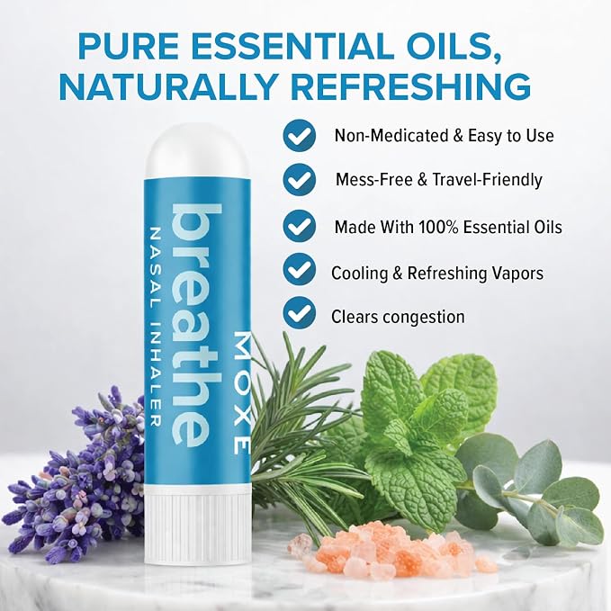 MOXE Breathe | Himalayan Salt Inhaler | Help Clear Congestion, Boost Focus and Improve Breathing | Natural Aromatherapy | Peppermint, Lavender and Tee Tree Essential Oil (3 Pack)