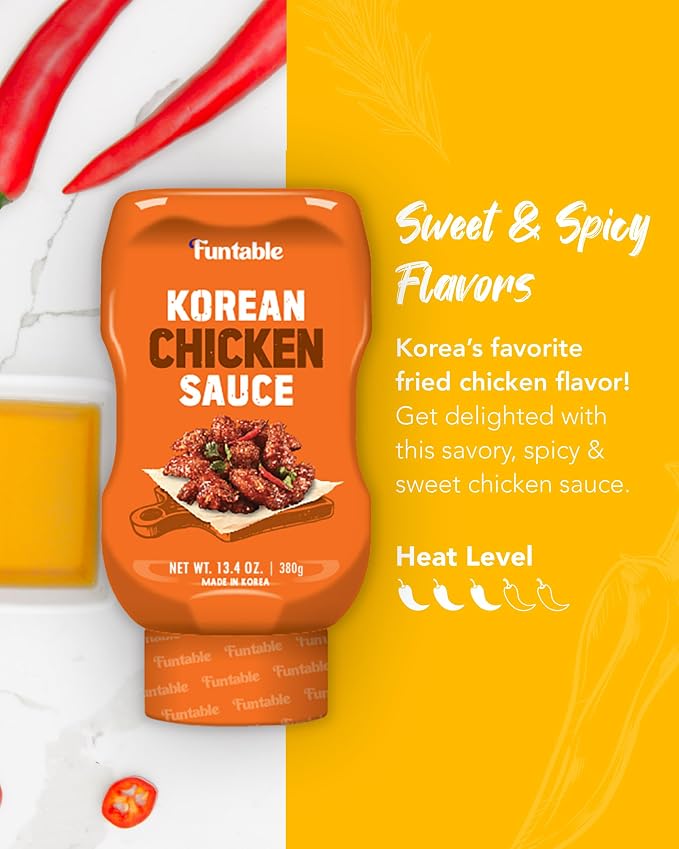 Funtable Korean Fried Chicken Sauce - Sweet, Spicy & Tangy, 13.4 oz | Sticky Glaze for Wings, Nuggets and BBQ; Ready-to-Use Dipping and Cooking Condiment Inspired by Authentic K-Food Flavors