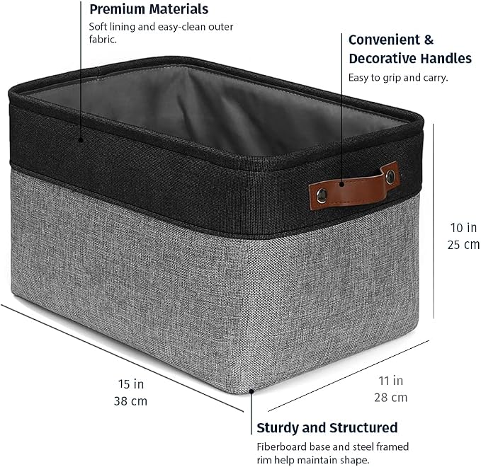 OrganiHaus 15x11in Canvas Storage Baskets 3 Pack - Fabric Bins for Shelves | Vegan leather handles; a decorative closet organizer for clothes, shoes, or toys; bedroom container