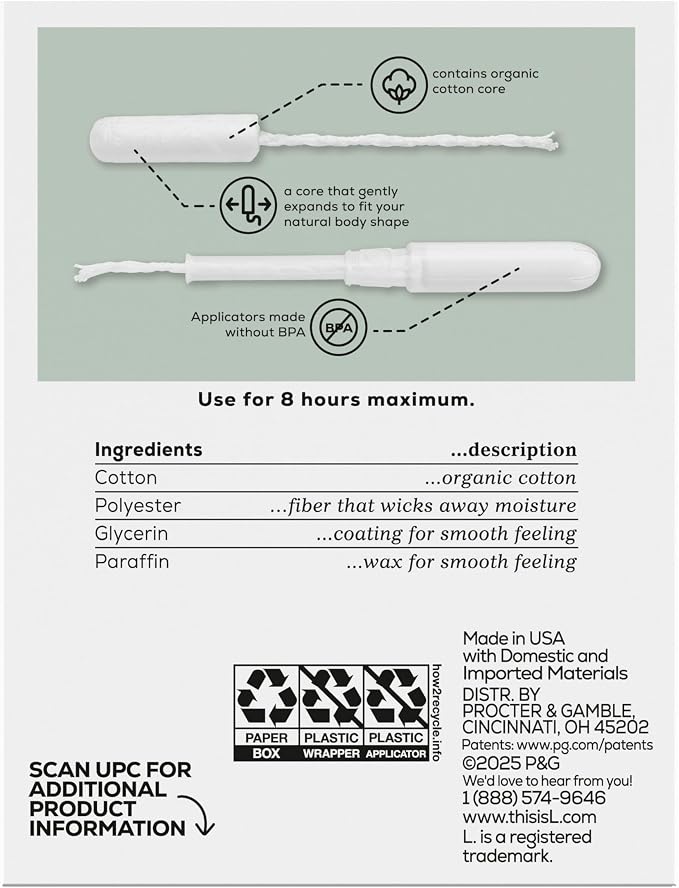 L. Tampons, Made with Organic Cotton, Regular/Super Absorbency, Multipack, Made Without Synthetic Pesticides, Rayon or Fragrances, Applicator Made Without BPA, Leak-Stopping Design, 18 Count