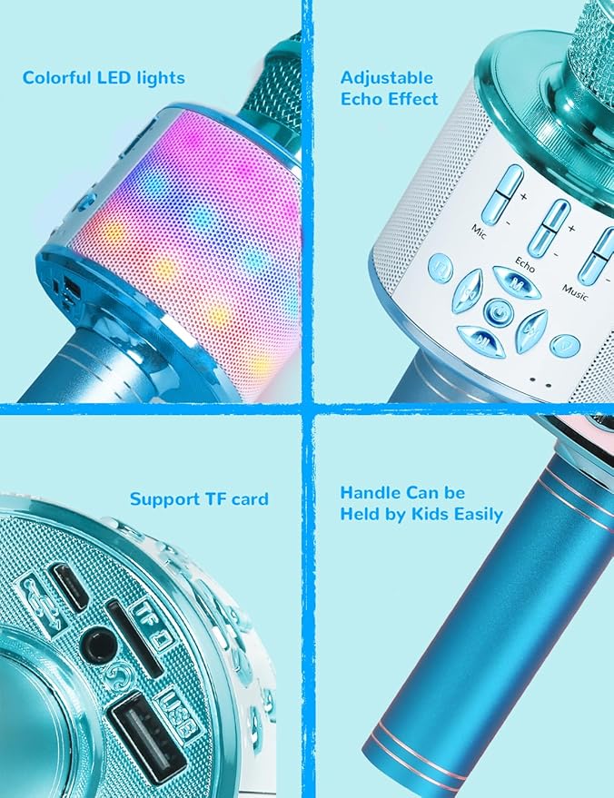 Amazmic Kids Karaoke Microphone Machine Toys for Girls Bluetooth Microphone with LED Light, Christmas Birthday Gift for Girls Boys 3 4 5 6 7 8 9 10 11 12 Year Old Kids Toys(Blue)