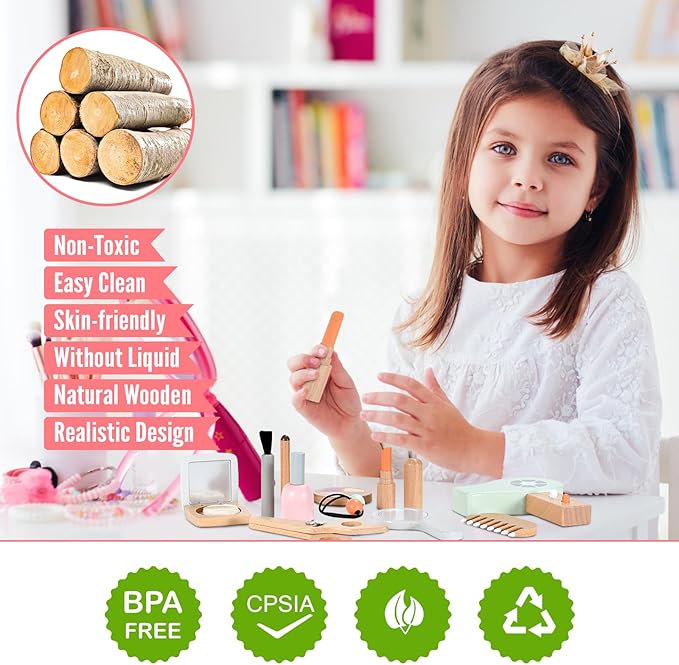 Ehome Wooden Makeup Toy Set, Wooden Salon Toys Toddler Pretend Makeup Kit for Little Girls Princess Gift Wood Play Make Up Beauty Set Toys for Girls Age 3 - 9 Birthday Christmas