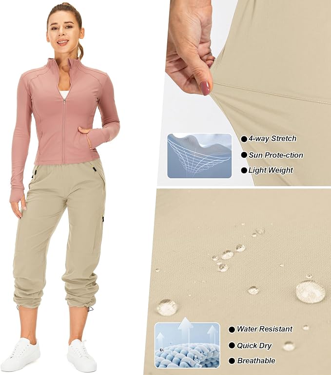 Womens Hiking Pants Quick Dry UPF 50 Lightweight Travel Golf Cargo Safari Pants Zipper Pockets