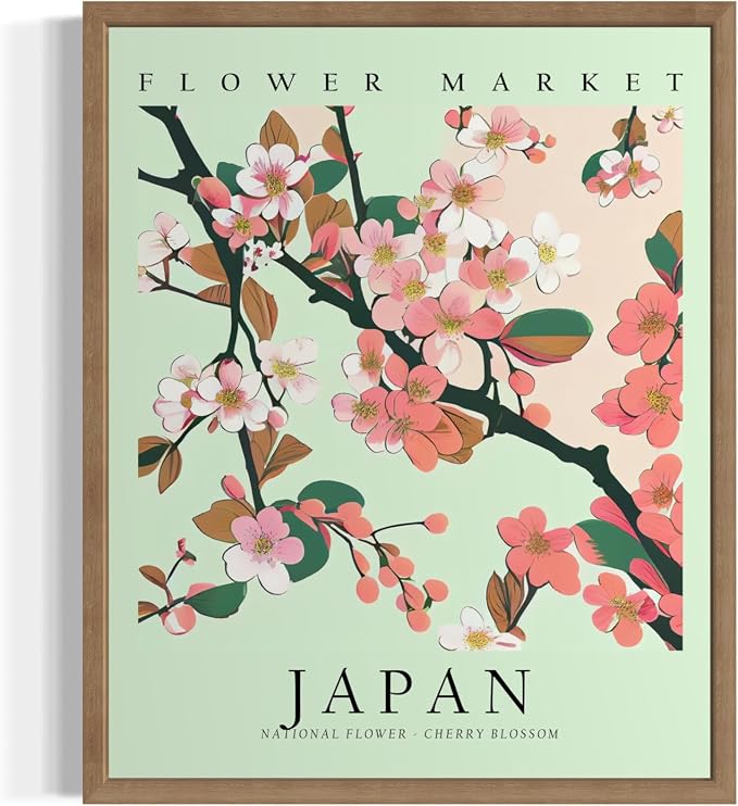 Japan Flower Market Art Print Poster, Wall Art Floral Painting Botanical Decor for Bedroom, Kitchen, Bathroom Livingroom Decoration 82B (Japan,10"L x 8"W, Wood Frame)