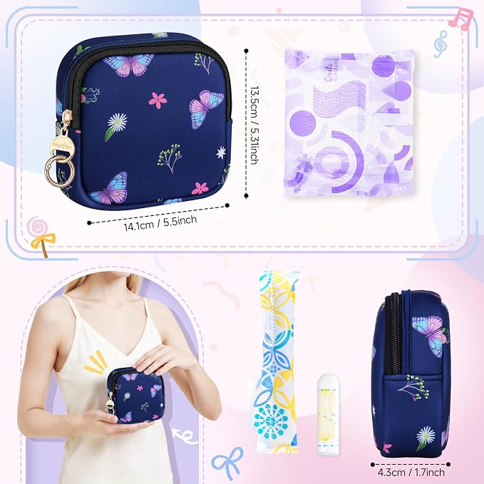 Period Bag for Teen Girls, Neoprene Cute Sanitary Napkin Storage Bag, Floral Menstrual Pad Pouch Tampon Holder (Bow Floral)