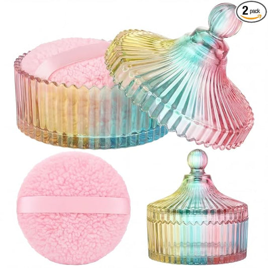 Extra Large Body Powder Puff and Container, 5.5'' Crystal Container with 5.3'' Oversize Dust Powder Puff Washable Reusable Face Body Glitter Wet Dry Makeup Gift(Colorful)