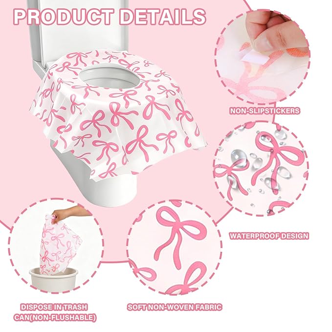 Whaline 30Pcs Pink Bow Disposable Toilet Seat Cover Cute Coquette Bowknot Large Waterproof Potty Training Seat Cover Pad for Kids Adults Traveling Home Hotel Bathroom Restroom