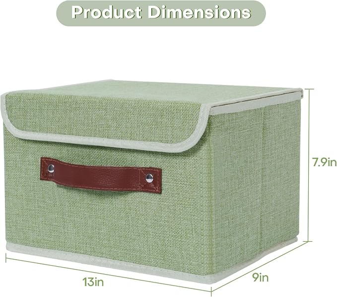 ANMINY Fabric Storage Box Bins with Lids, Green, 13"x9"x7.9", 4 Pack | Keepsake Memory Storage, Cotton Linen, PP Board Reinforced, Washable, PU Handles, Foldable & Stackable, Decorative, Medium