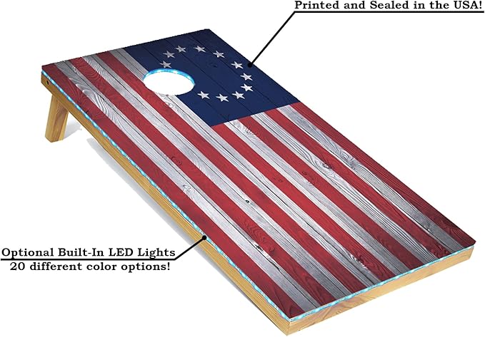 Tailgating Pros 4x2 Regulation Cornhole Boards Flag Set- Includes 8 Bean Bags, Carrying Cases, and Score Keeper - Optional LED Lights