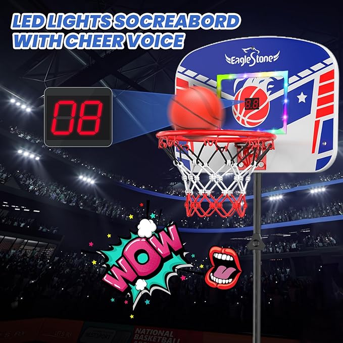 Eaglestone Kid Basketball Hoop Indoor with LED Lights & Scoreboard,Toddler Basketball Hoop Adjustable Height 2.9ft-6ft, Mini Hoop Outdoor with 3 Balls,Basketball Toy Gifts for 3-12 Year Old Boys Girls