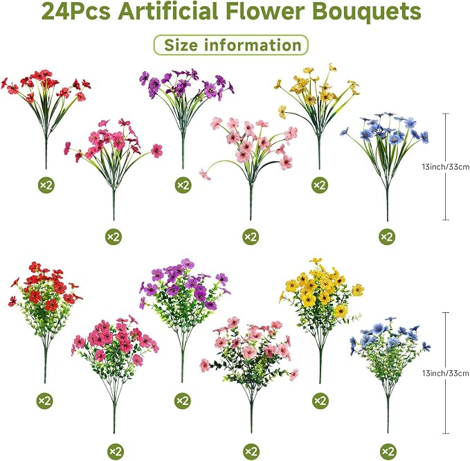 Alupssuc 24 Bundles Artificial Daisy Flowers UV Resistant for Outdoor Decor | Silk & Plastic, Spring Faux Plants Greenery, Bendable Stems, for Porch Patio Hanging Window Planter Yard Outside, 6 Colors