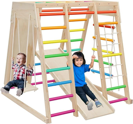 7 in 1 Pikler Indoor Playground Jungle Gym Playset, Wooden Montessori Climber with Slide, Rock Climb Wall, Monkey Bars, Rope Ladder, Climbing Rope and Swing for Kids（Rainbow）