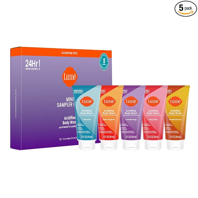 Lume Acidified Body Wash 5 Pack Minis - 24 Hour Odor Control - Moisturizing Formulated Without SLS & Parabens - 1.5 ounce Tubes (Clean Tangerine, Lavender Sage, Peony Rose, Toasted Coconut, Unscented)