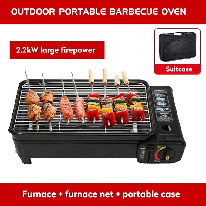 Portable Butane Stove - Compact Gas Grill Stove with Detachable Grate + Durable Carry Case | Dual Fuel Tabletop BBQ for Camping, Korean BBQ, Tailgating | Fast Stainless Steel Outdoor Cooker