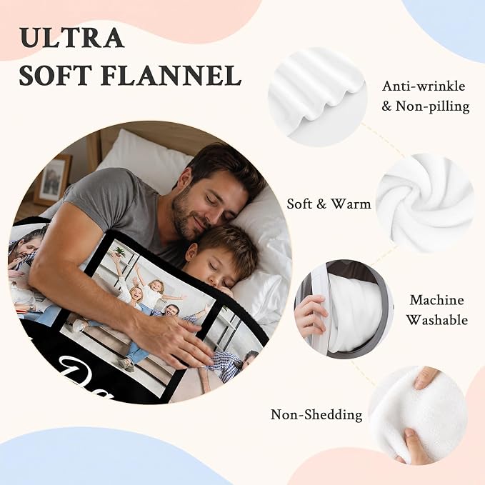 Fathers Day Birthday Gift for Dad Custom Blanket with 9 Photo & Text, Personalized Blankets with Picture to My Dad, HD Printing Customized Flannel Throw Blanket Gifts for Best Daddy Grandpa Ever