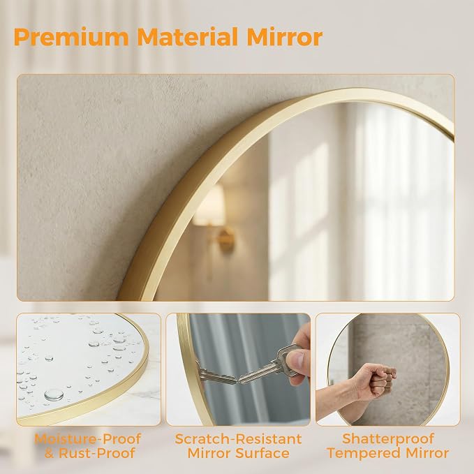 Sweetcrispy Round Bathroom Mirror for Over Sink, 24 Inch Wall Mounted Vanity Mirror with Matte Metal Frame, Decor for Bathroom, Entryway, Bedroom, Gold