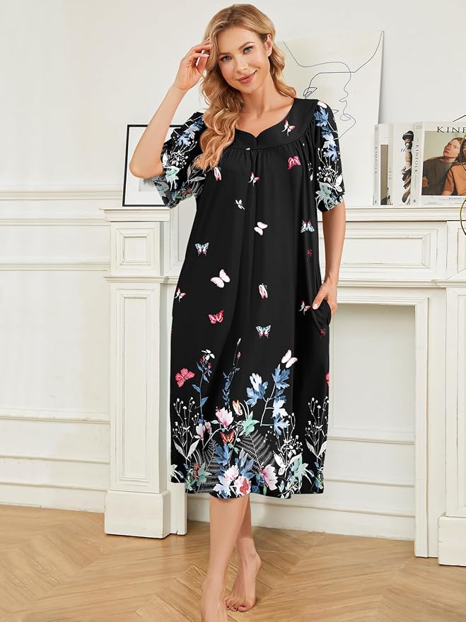 House Dresses for Women with Pockets Moo Moo Nightgown Short Sleeve Mumu Dress Lounge Dress S-3XL