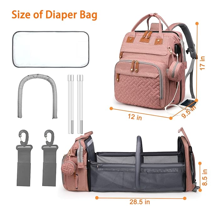 Astro alan Baby Diaper Bags with Changing Station, Waterproof Diaper Bag Backpack for Moms Dads with USB Charging Port, Baby Shower Gifts, Large Capacity diaper backpack, Pink