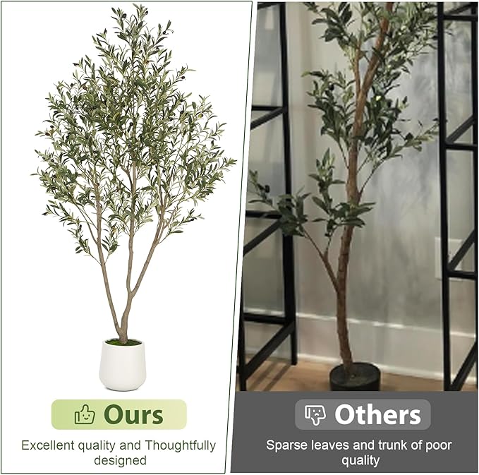 VIVATREES Olive Trees Artificial Indoor, 6FT Tall Faux Olive Tree with White Tall Planter, Artificial Plants with Natural Wood Trunk and Lifelike Fruits for Home Office Decor