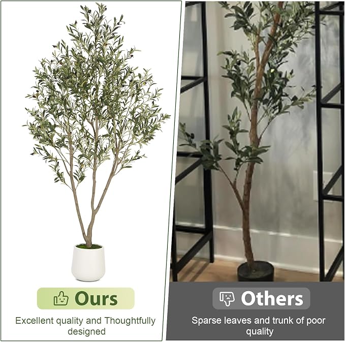 VIVATREES Olive Trees Artificial Indoor, 5FT Tall Faux Olive Tree with White Tall Planter, Artificial Plants with Natural Wood Trunk and Lifelike Fruits for Home Office Decor