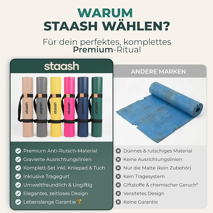 STAASH Premium Yoga Set – PU & Natural Rubber Mat + Towel + Strap + Knee Pad – Non-Slip Grip, Eco-Friendly, Studio Quality