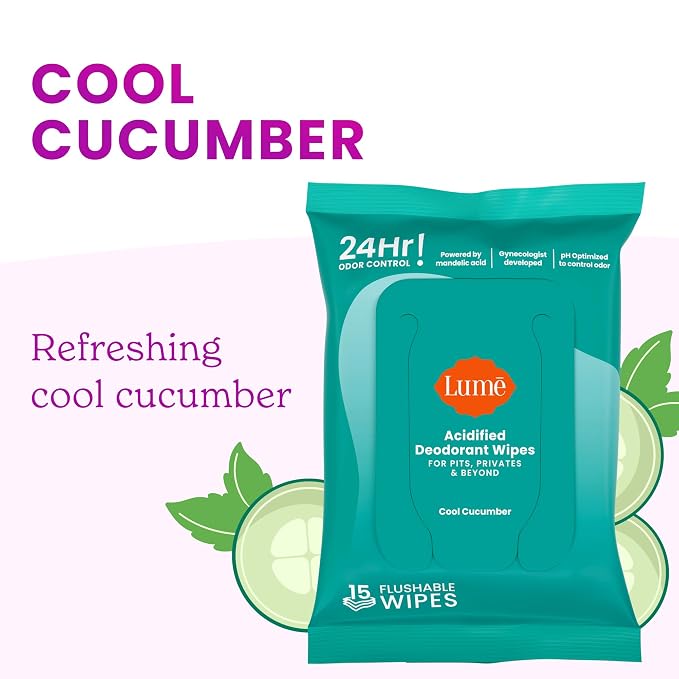 Lume Acidified Deodorant Wipes - 24 Hour Odor Control - Aluminum Free, Baking Soda Free, Skin Loving - Flushable - 15 Count (Cool Cucumber)