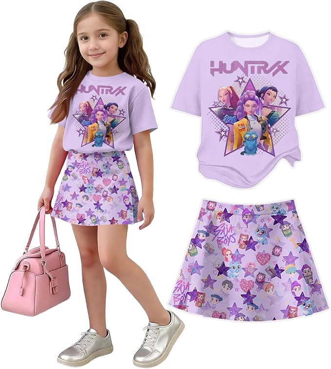 HTHLVMD K Pop Short Sleeve T-Shirt and Skirts Outfits Set for Girls Hunters Rumi Mira Zoey Graphic Tees De-Mon Costume