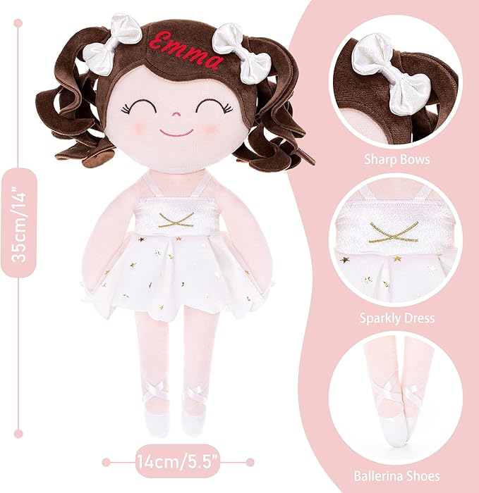 Gloveleya Personalized Ballerina Doll – Custom Name Baby Girl Gift, Soft Plush Rag Doll with White Ballet Dress, 13 Inches – Birthday, Baby Shower & Holiday Keepsake