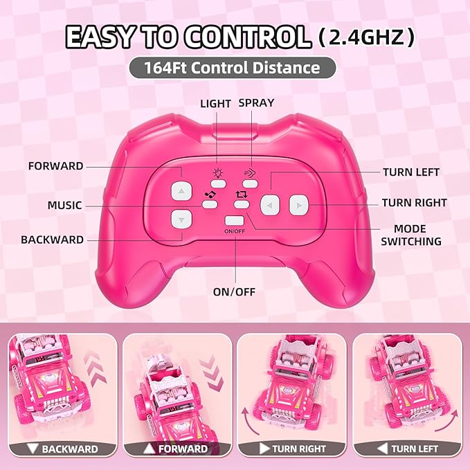 JUKUDAHU Pink Remote Control Car for Girls 4-7, 2.4GHz Off-Road RC Jeep with Spray, Climbing Toy for Girls Aged 3-4 5-6 7-8 9-10, Remote Control Vehicle Gift for Birthday Christmas Toys