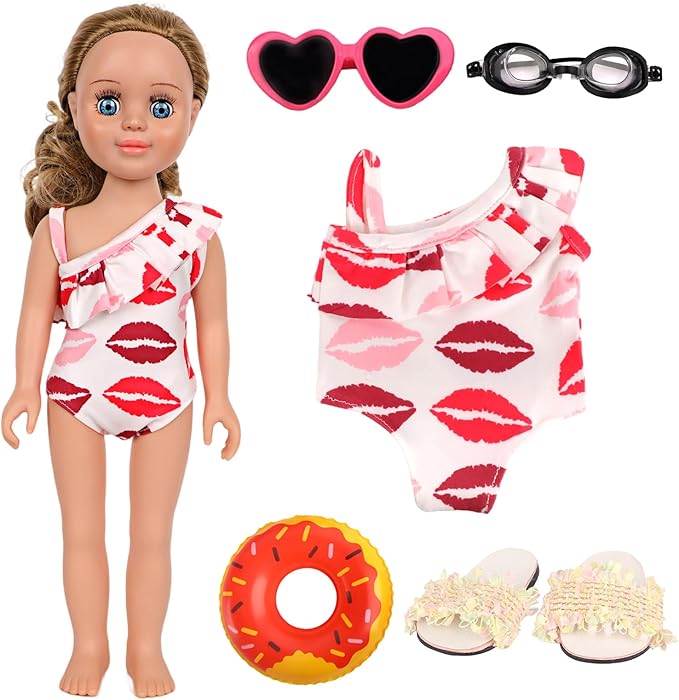 18 Inch Doll Clothes & Accessories Bundle-5 Pcs Summer Beach Playset with Swimsuit,Sandals,Goggles,Sunglasses & Swimming Ring for 18 Dolls