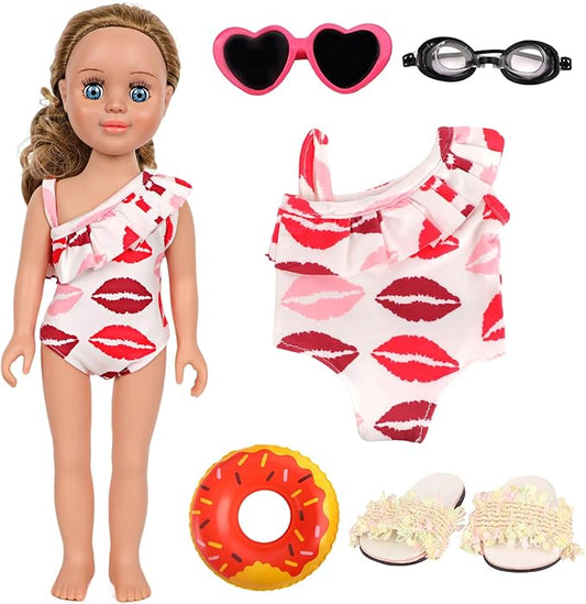 18 Inch Doll Clothes & Accessories Bundle-5 Pcs Summer Beach Playset with Swimsuit,Sandals,Goggles,Sunglasses & Swimming Ring for 18 Dolls