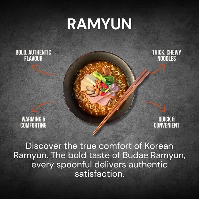 Korean instant ramen with thick noodles and a spicy, savoury broth. The Han Kitchen Pocha Ramyun K-Army Budae Jjigae style noodles, ready in 5 minutes.118 g (Pack of 4)