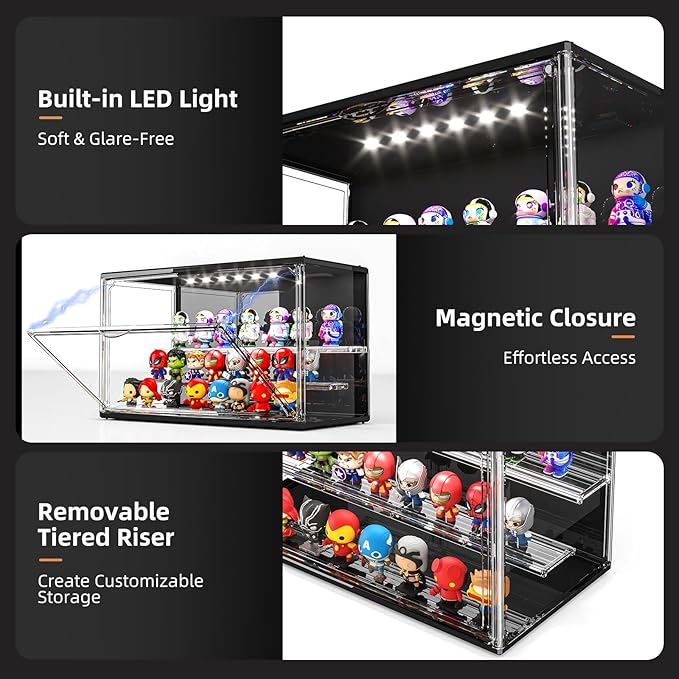 Acrylic Display Case for Collectibles with LED Light, 3 Layer Adjustable Figure Display Case with Magnetic Door, Lighted Display Box Stackable Clear Blind Box for Action Figure, Popmart, 2 Pack, Black
