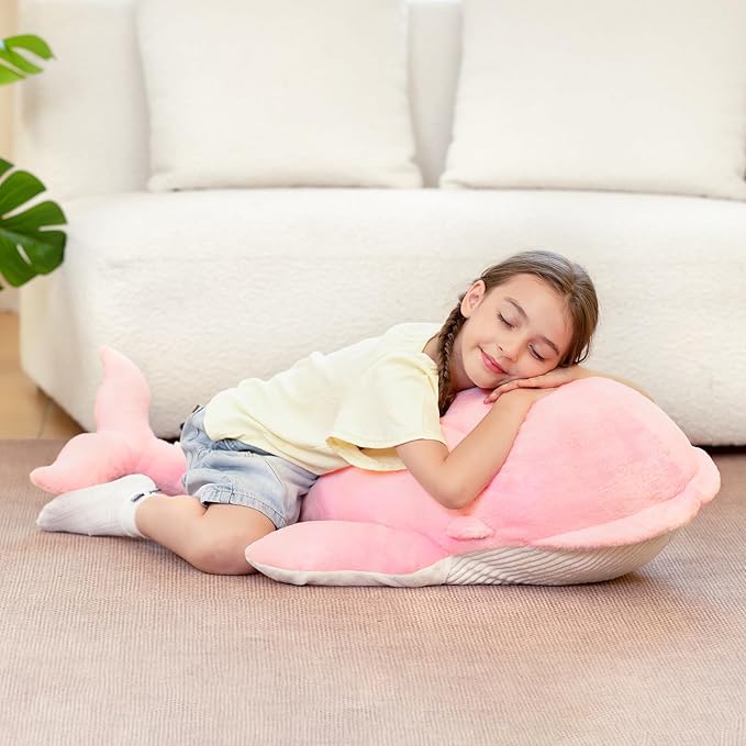 Tezituor 4ft Giant Whale Stuffed Animal, 43.3 inch Large Stuffed Pink Whale Plush Ocean Toys, Hugging Soft Whale Plush Pillow for Girls Boys