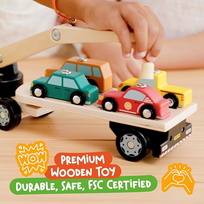 Nene Toys Magnetic Car Loader with 4 Cars and 1 Semi-Trailer Wooden Truck for Kids 3+ Year Old - Interactive Crane Wooden Toy - Vehicle Toys for Boys Girls - Educational Toy for Toddlers Ages 3+