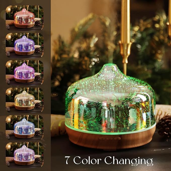 Porseme 500ml Glass Essential Oil Diffuser Aromatherapy Ultrasonic Cool Mist Humidifier 15-21 Running Hours Waterless Auto-Off Air Diffusers for Sleeping Yoga Working Spa(Silver)