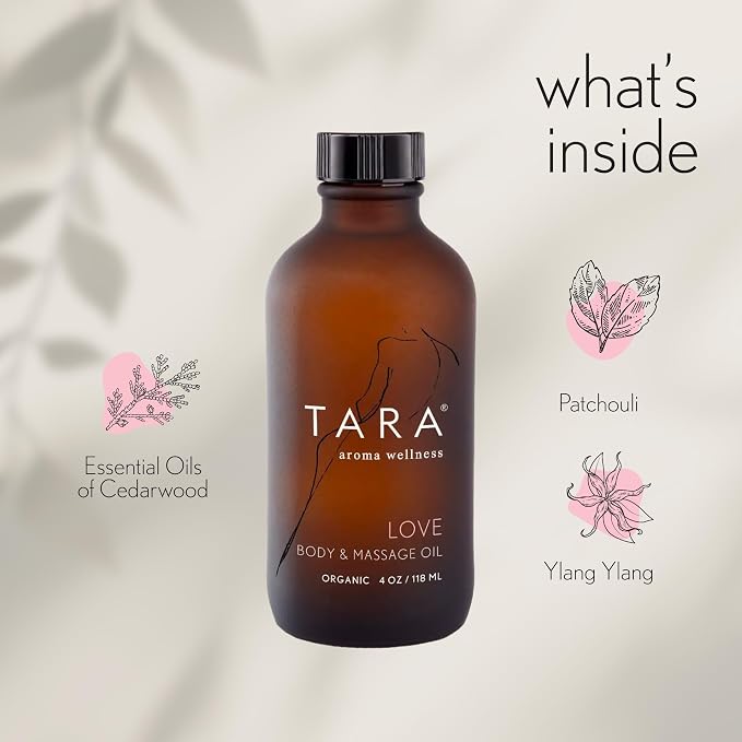 TARA Spa Therapy Love Body & Massage Oil – Premium Organic Oil for Nurturing & Sensuality, 100% Pure Essential Oils, Rose, Jasmine & Ylang Ylang, 4 oz