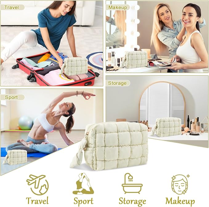 Puffer Quilted Makeup Bag Cosmetic Bags,Puffy Travel Toiletry Pouch for Women,Cute Checkered Zipper Bag Travel Essential,Portable Aesthetic Make up Organizer Bag for Gifts Work Daily(Beige,S)