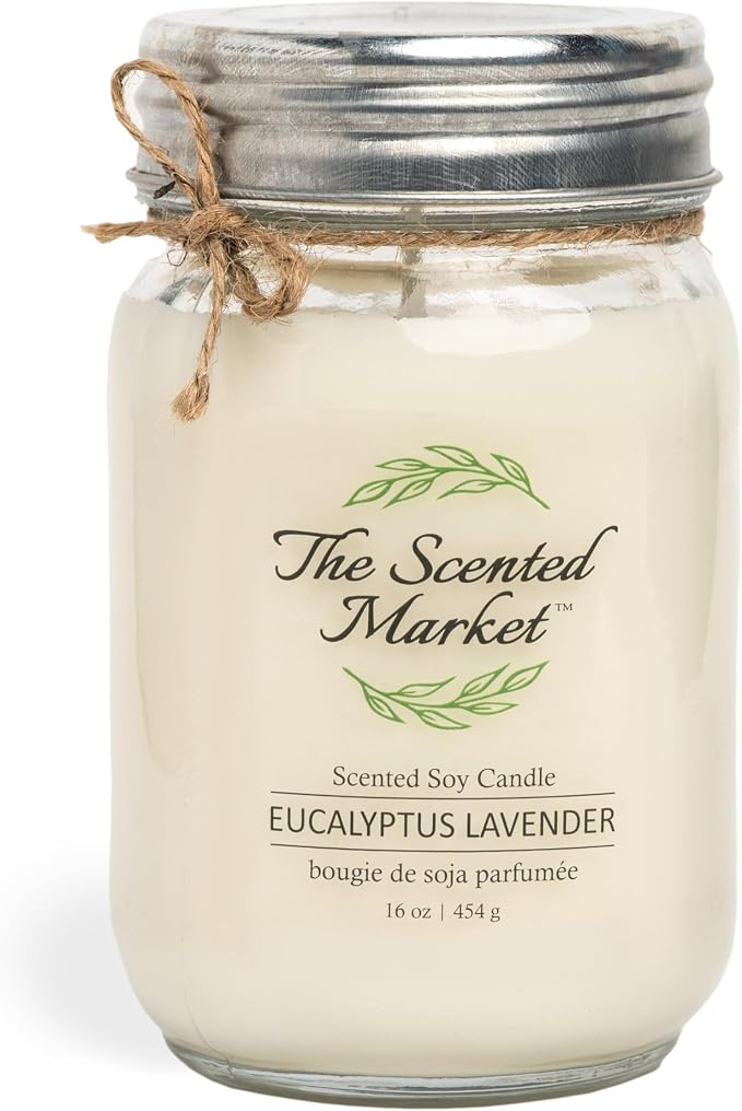 The Scented Market Aromatherapy Soy Wax Candle Eucalyptus Lavender 16 oz Mason Jar, Over 100 Hours of Burn Time, Ideal for Your Home and Gift Giving.