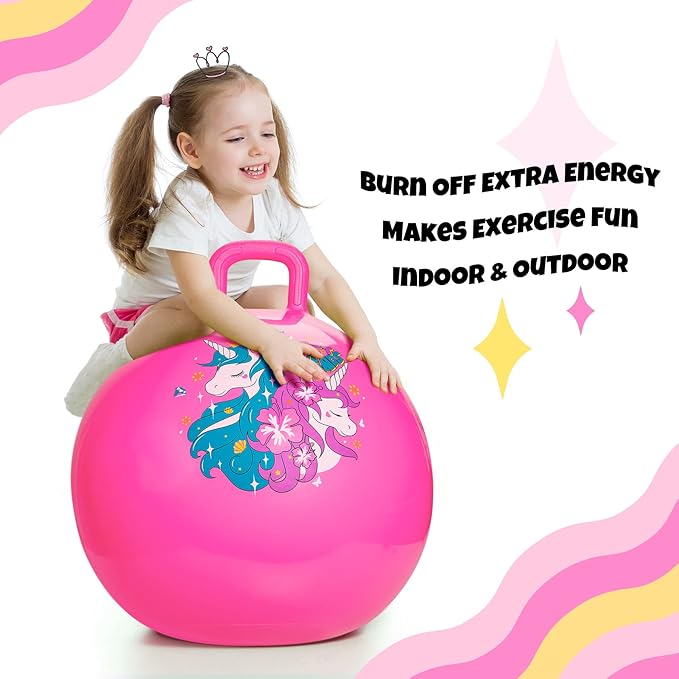 ZOOJOY Hopper Ball, Pink Bouncy Balls for Kids, 20 Inch Sit on Jumping Toys with Handle for Girls Gift Aged 6-12, Inflatable Unicorn Bounce Hopper Balls Toy with Pump