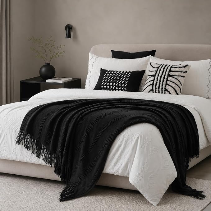 BATTILO HOME Black Throw Blanket for Couch, 50"x60" | Bed Throws for Home Decor, Decorative Black Knit Throw for Sofa Living Room