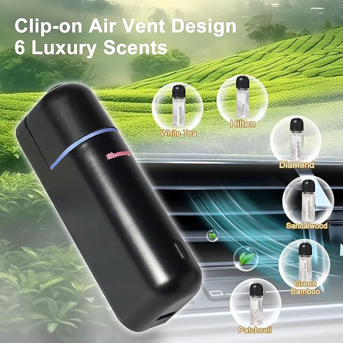 Car Diffuser, Motion Sensor Waterless Essential Oil Diffuser for Car USB Rechargeable with 6 Refill Scents（Hilton/Sandwood/WhiteTea/Diamond/GreenBamboo/Pachuli